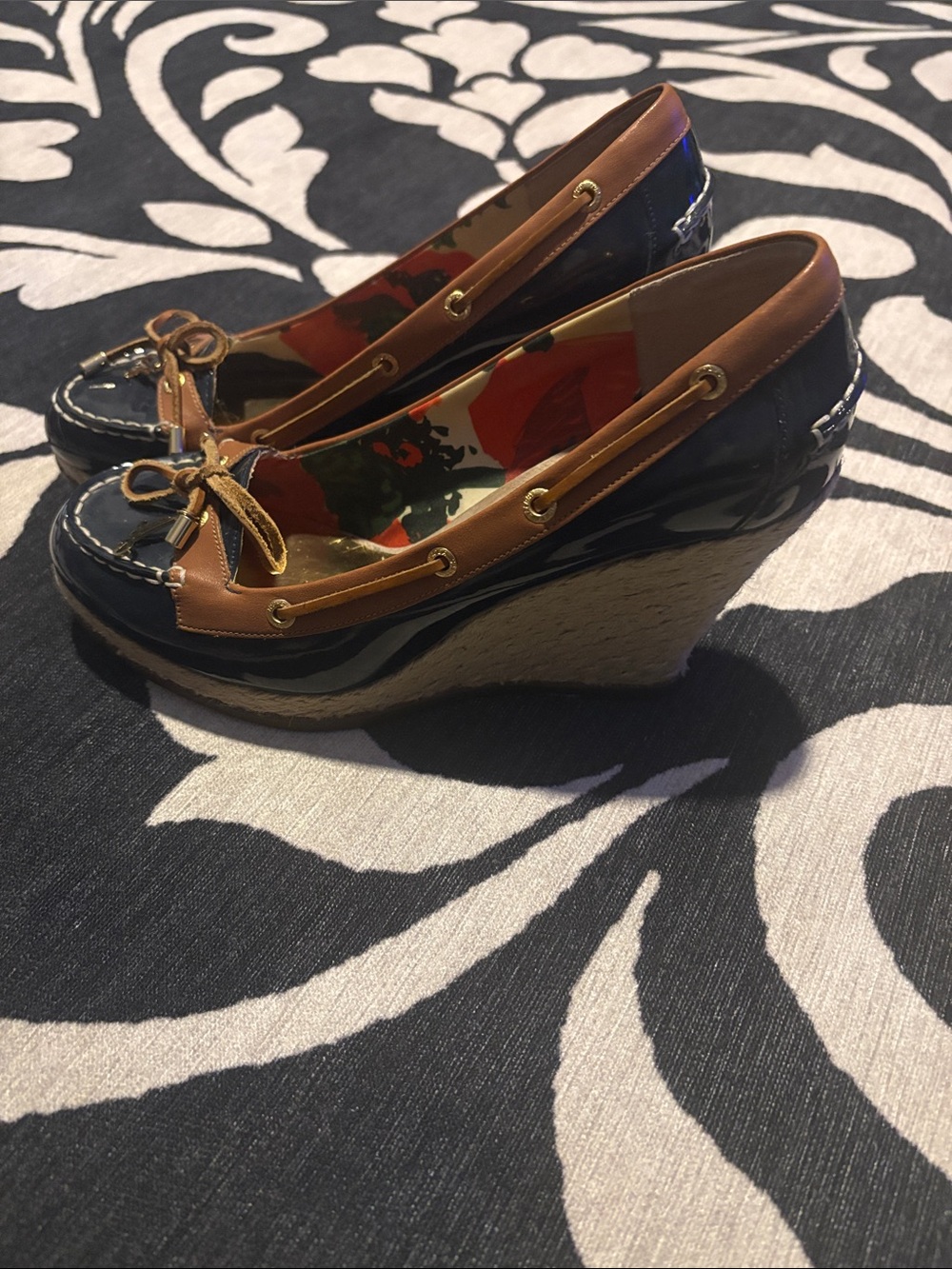 Milly Navy Patent and Brown Leather Wedge Loafers